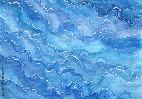 Sea waves on top view. Watercolor hand painted illustration.