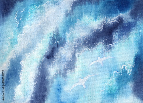 Two birds flying in the sky under wavy sea. Watercolor hand painting illustration