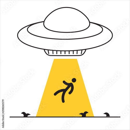 UFO flying saucer abducting human with yellow light beam vector illustration in line art style isolated on white background