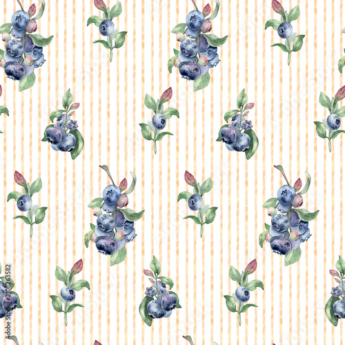 Seamless pattern with watercolor blueberries and leaves on a striped background hand painted. Repeating design with berries on branches and twigs for textile, wrapping paper and wallpaper background.
