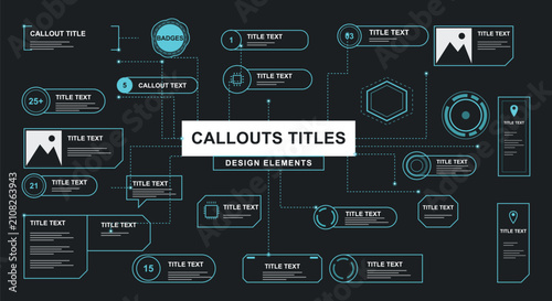 Digital technology callouts title design element set featuring various neon blue linear frames text boxes and modern user interface borders