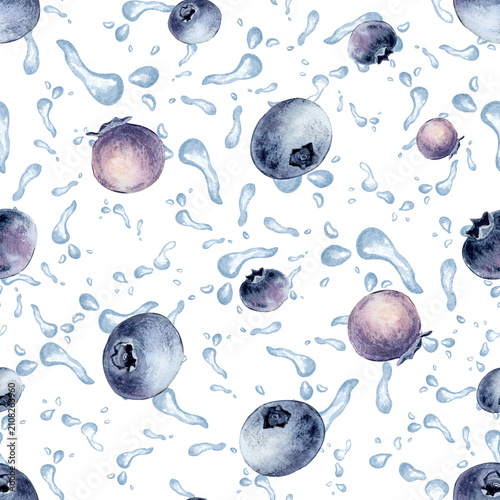 Watercolor whole blueberry on splashing water drops seamless pattern isolated white. Repeat textile design of fresh berry and liquid splash. Summer fruit background for kitchen fabric or packaging.