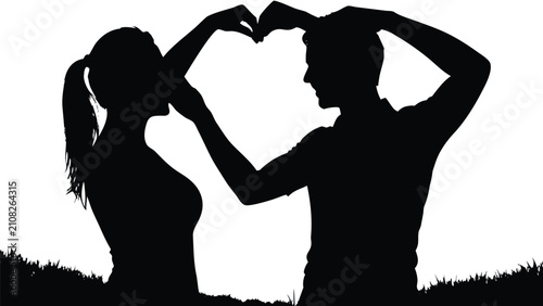 Silhouetted Couple Making Heart: A loving couple forms a heart shape with their hands, their silhouettes outlined against a bright sky, symbolizing romance and connection.