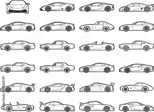 Collection of classic and modern sports car outlines in a grid layout, showcasing a variety of vehicle designs and silhouettes.