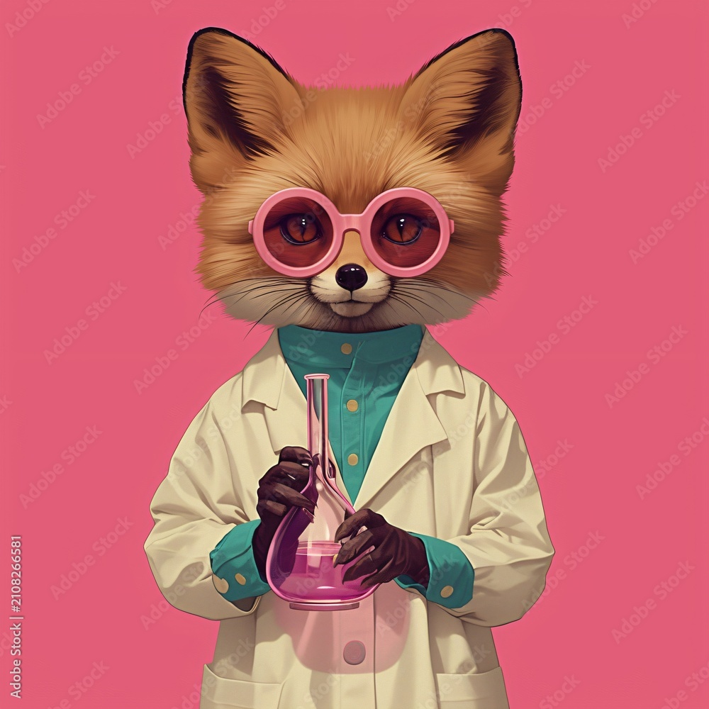 Obraz premium Cute fox doctor wearing stylish round eyeglasses holding glass flask. Anthropomorphic animal scientist in medical lab coat. Digital illustration for sticker, poster, and greeting card.
