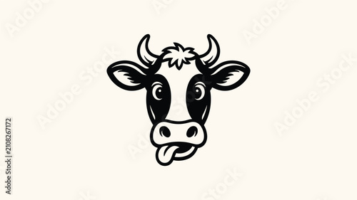 Cute cartoon cow head with tongue sticking out isolated on background.