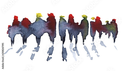 People walking in the street. Abstract silhouettes. Hand painted watercolor illustration. Png isolated on the transparent background.