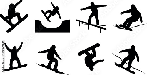 Foto Set of professional snowboarder silhouettes performing jumps and tricks isolated