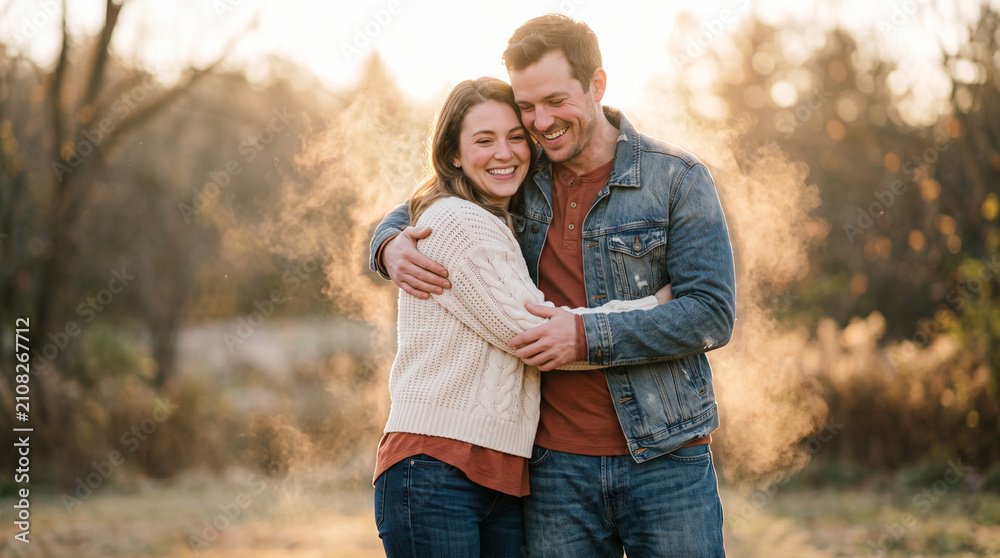 Fototapeta premium Smiling couple embracing outdoors in autumn