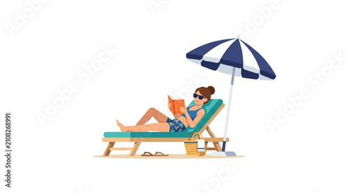 Фотография Woman Relaxing Reading Book on Beach Chair Under Umbrella.