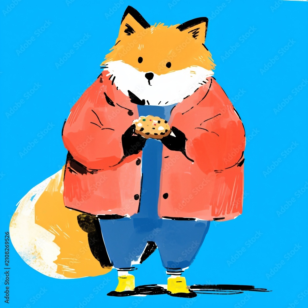 Obraz premium Cute fox character wearing coat and holding cookie. Whimsical animal illustration for children print, sticker, and greeting card. Digital drawing of funny forest creature art design.