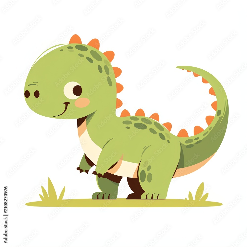 Fototapeta premium Cute cartoon dinosaur standing on green grass. Little T-Rex character with friendly smile illustration. Playful prehistoric animal for nursery decor, children book and kid education.