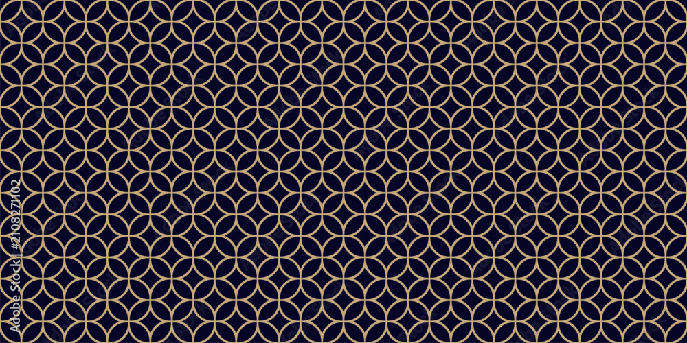 Fototapeta premium Gold and black vector geometric ornament. Luxury minimal seamless pattern with curved lines, floral grid, lattice, diamonds, leaves. Simple classic background in oriental style. Repeated modern design