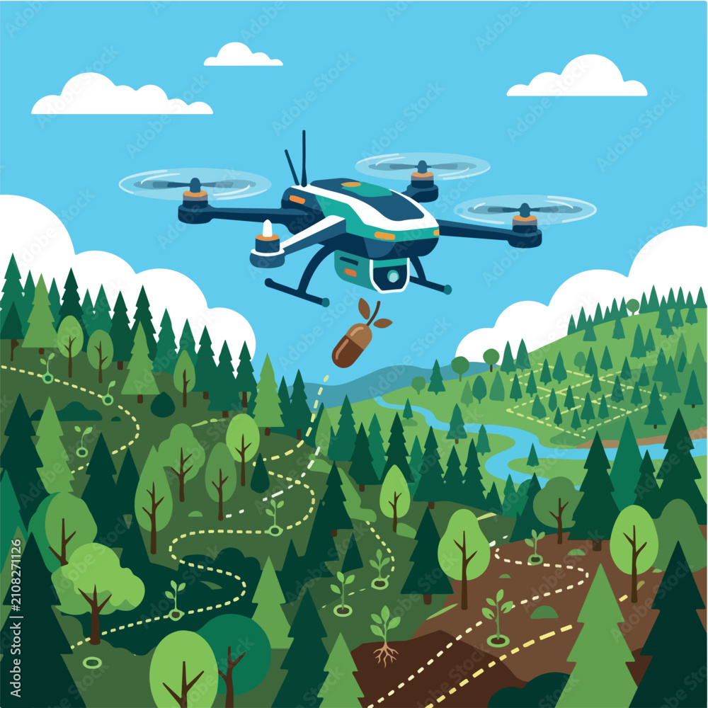 Naklejka premium A drone flying over a lush green forest landscape, dropping a seed bomb for reforestation, with young plants and a river visible below.