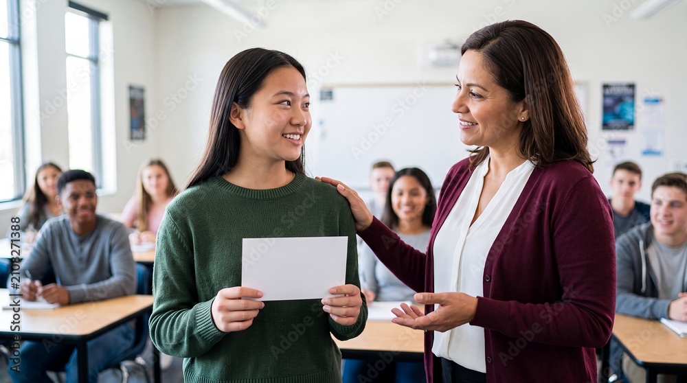 Fototapeta premium teacher student achievement classroom education success recognition school learning teenager Educator congratulates a smiling girl holding her paper for motivation progress and academic excellence