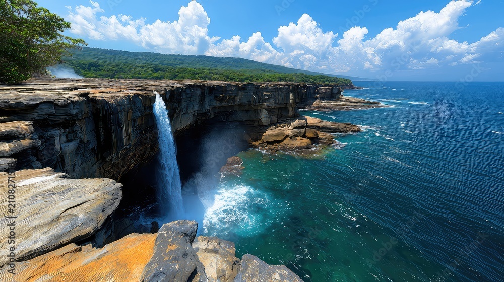 Obraz premium Stunning Waterfall Cascading into the Ocean from a Rocky Cliff