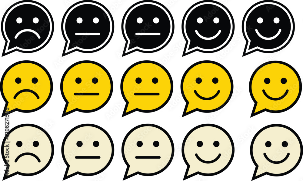 Fototapeta premium Yellow and black emoji faces within speech bubbles a flat vector illustration with varying expressions communication emoticon facial expression feedback
