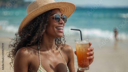 Portrait of black woman smiles warmly on sunlit beach. She wears straw hat and stylish sunglasses. Her drink holds orange slice and straw