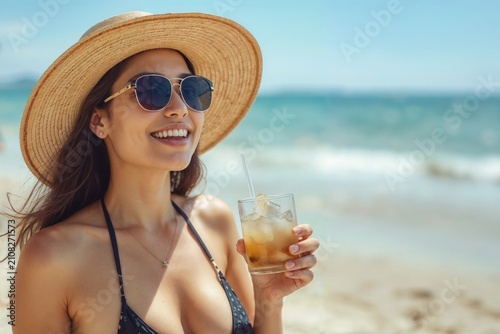 Portrait of happy woman at the beach, cool drink held close to her hand. Waves roll gently in the distance