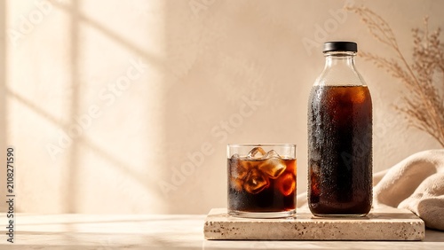 Premium Cold Brew Coffee Bottle and Iced Drink Glass on Minimalist Beige Surface with Natural Light for Modern Beverage Branding and Café Marketing