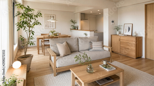 木の温もりとやわらかな自然光に包まれた日本のマンションリビング
Cozy Japanese apartment living room with natural oak furniture and soft daylight