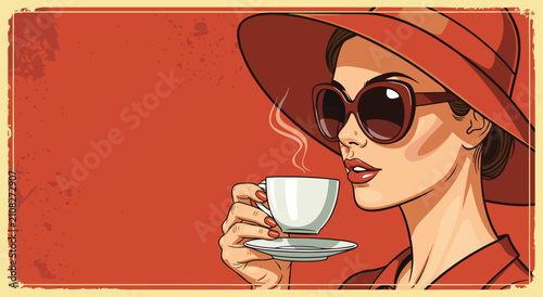 Fotografía Retro pop art illustration of a woman in a red hat and sunglasses drinking coffee, a classic design for a vintage cafe advertisement or banner