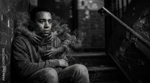 A determined individual confronts the harsh realities of smoking addiction and its impact on health in a gritty city environment