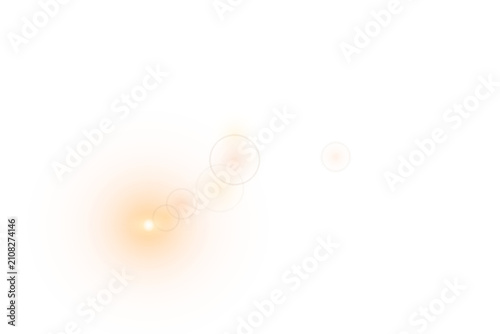 Warm orange lens flare with a glowing orb trail isolated on transparent background