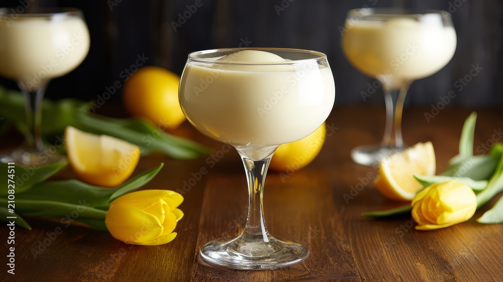 Fototapeta premium Elegant lemon panna cotta with lemon accents, tulips and refined restaurant styling