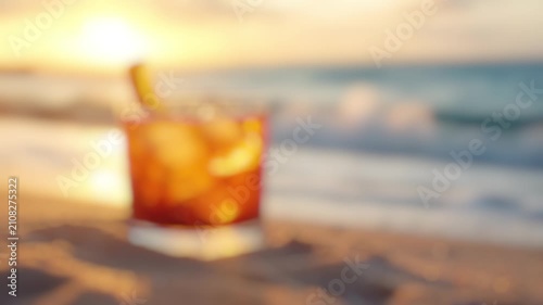 A refreshing drink sits on the sand, perfect for hot summer days or relaxing vacations