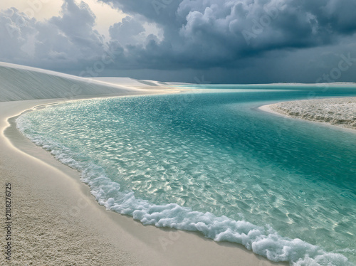 Stunning landscape of lenis maranhenses national park in brazil, featuring crystal clear turquoise lagoons nestled between vast, rolling white sand dunes under a dramatic stormy sky