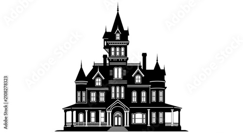 Detailed victorian mansion with multiple stories and ornate features black silhouette house architecture building estate residence dwelling