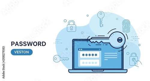 Digital security, password protection, secure login, laptop, key, lock icons