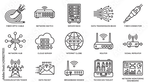 Φωτογραφία Network infrastructure line icons, 15 telecommunication and data transmission ve