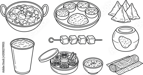 Foto Indian Street Food and Traditional Cuisine Outline Collection with Curry, Thali,