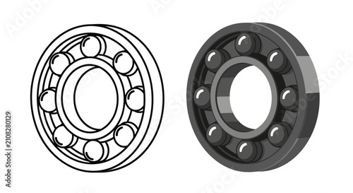 Ball bearing illustration with a detailed rendering and a black silhouette rendering ball bearing roller bearing mechanism engineering mechanical