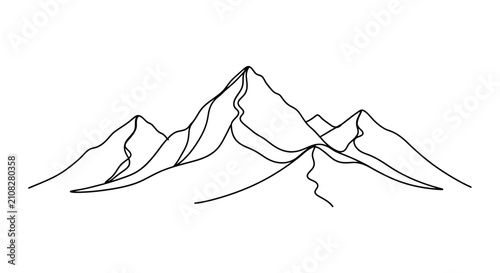Minimalist mountain range depiction in a continuous line drawing a stark black silhouette mountains peak peaks alpine