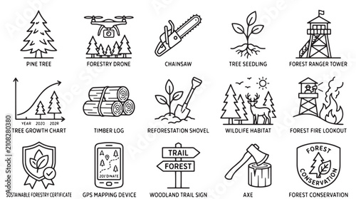 Foto Forestry and timber industry icons set, 15 black line forest conservation vector