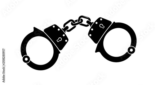 Foto Black metal handcuffs depicted as a stark silhouette against a white background