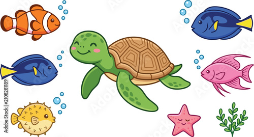 Fényképezés Cute Ocean Animal Collection with Sea Turtle, Clownfish, Blue Tang, Pufferfish,