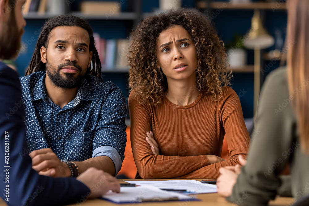Fototapeta premium Anxious multiethnic couple consulting professional counselor in office