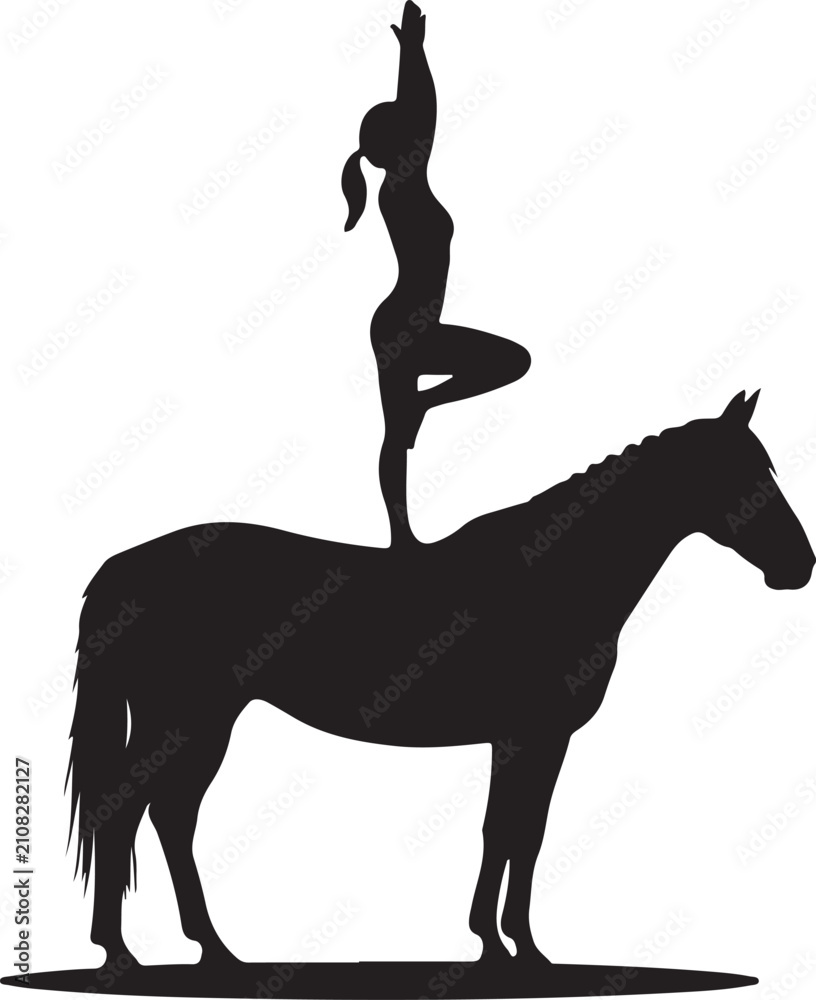 Fototapeta premium Silhouette of a woman practicing yoga in a tree pose on the back of a horse, equestrian yoga, harmony between human and animal, fitness and balance concept