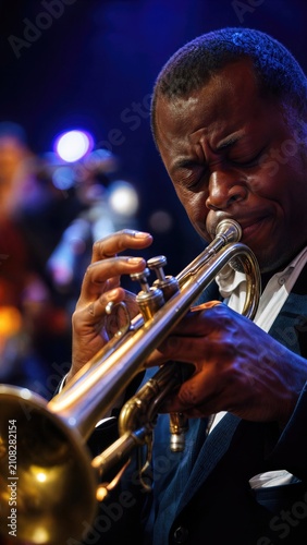 African american man trumpeter performing on stage at live concert. Professional musician playing jazz music instrument. Emotional artistic expression in musical festival performance.