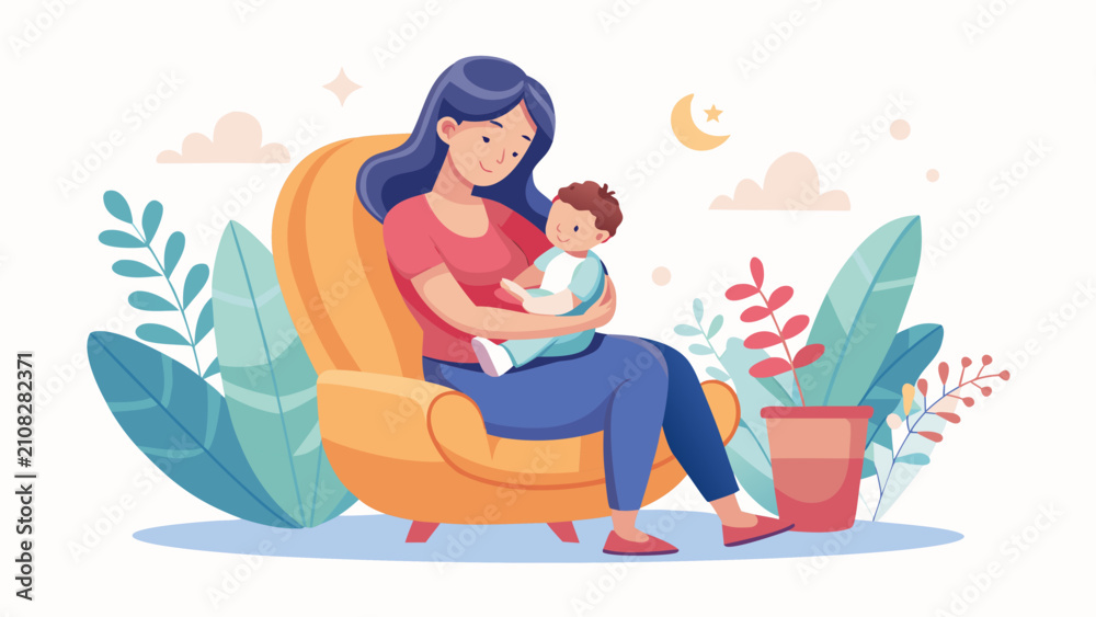 Obraz premium Mother holding her baby in an armchair. Loving mom nursing infant in a cozy home setting.