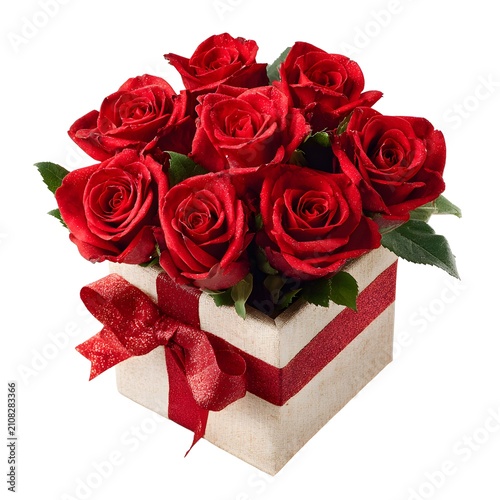 red roses in white gift box