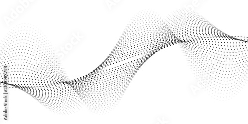 Dotted wave line background. Black halftone undulate pattern. Abstract particle flow wave wallpaper. Curved dashed gradient net design element for poser, banner, presentation, booklet, flyer. Vector
