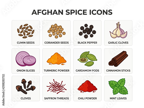 A 3x4 grid of icons displaying Afghan spices and ingredients with text labels below each illustration