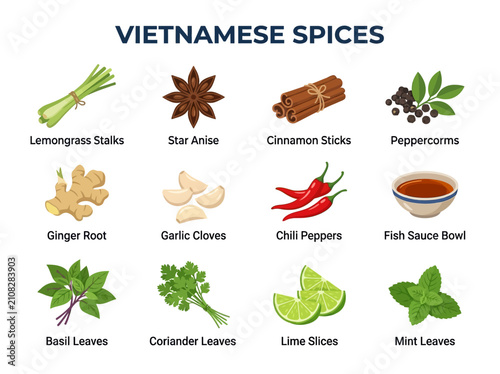 Foto A grid of 12 illustrated icons displaying common Vietnamese spices herbs and ing