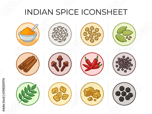 Foto A grid of twelve circular icons depicting various Indian spices herbs and aromat
