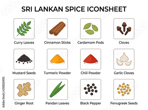 Bild auf Leinwand A grid of twelve illustrated icons depicting various Sri Lankan spices and aroma